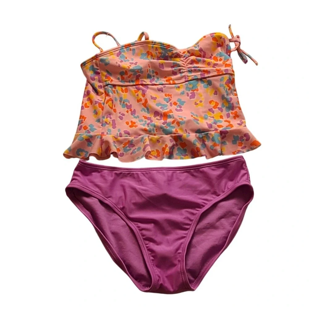 Cat & Jack Girls XL 14 Tankini Swimsuit Pink Abstract Floral Ruffle 2 Piece Set